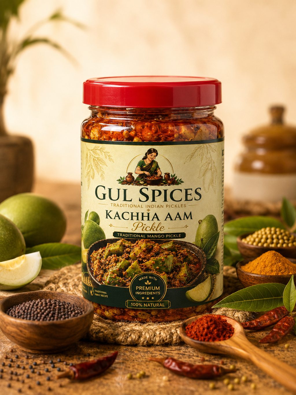 Glass jar of Kachha Aam Pickle surrounded by raw mangoes and spices